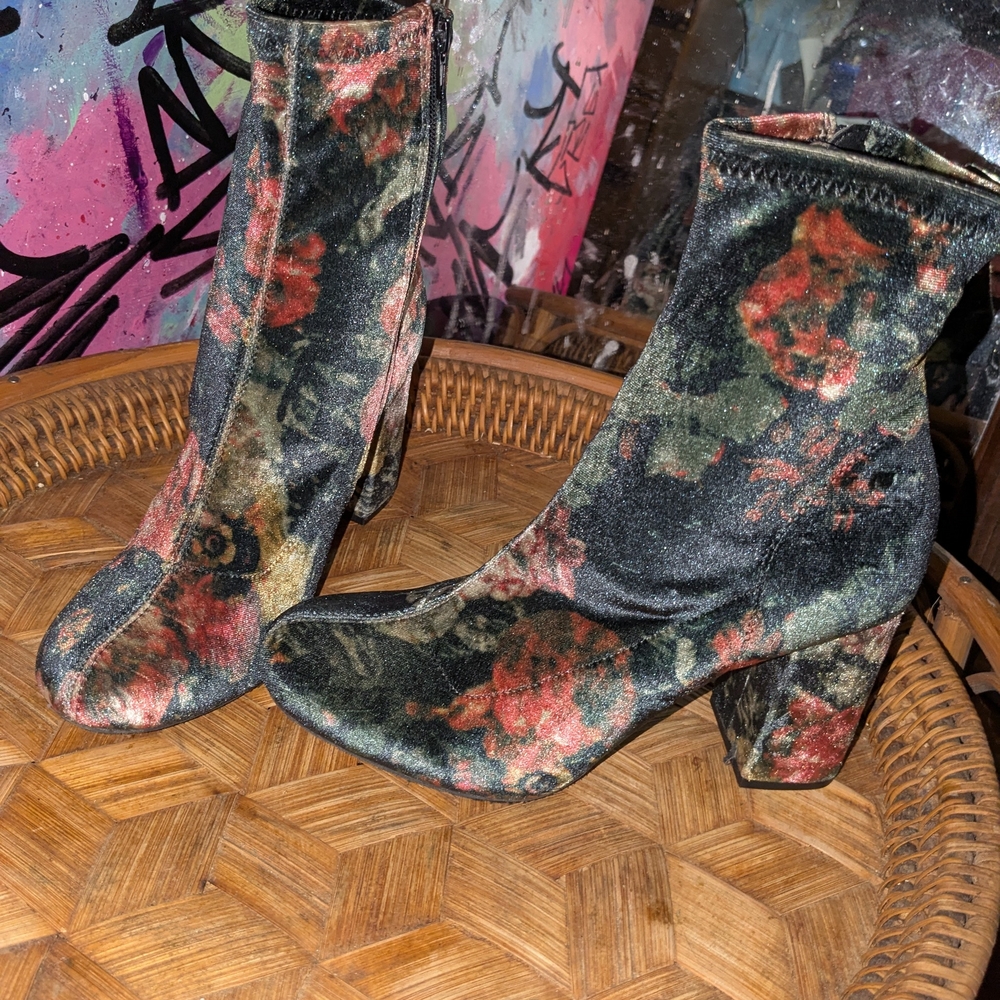 Floral Velvet Ankle Boots